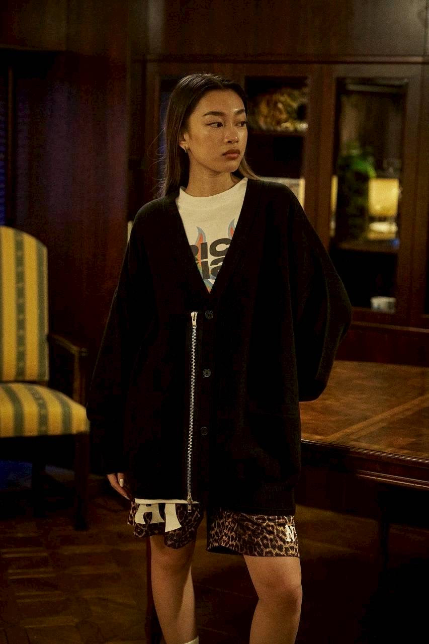 TAIN DOUBLE PUSH KNIT ZIP CARDIGAN /BLACK